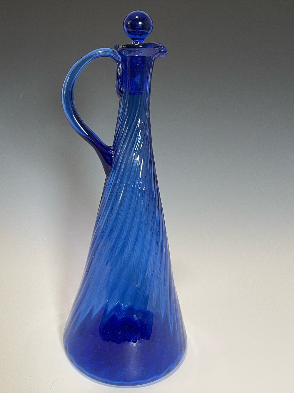 Vintage MCM Cobalt Blue Swirl Art Glass Decanter w/Stopper & Rough Pontil